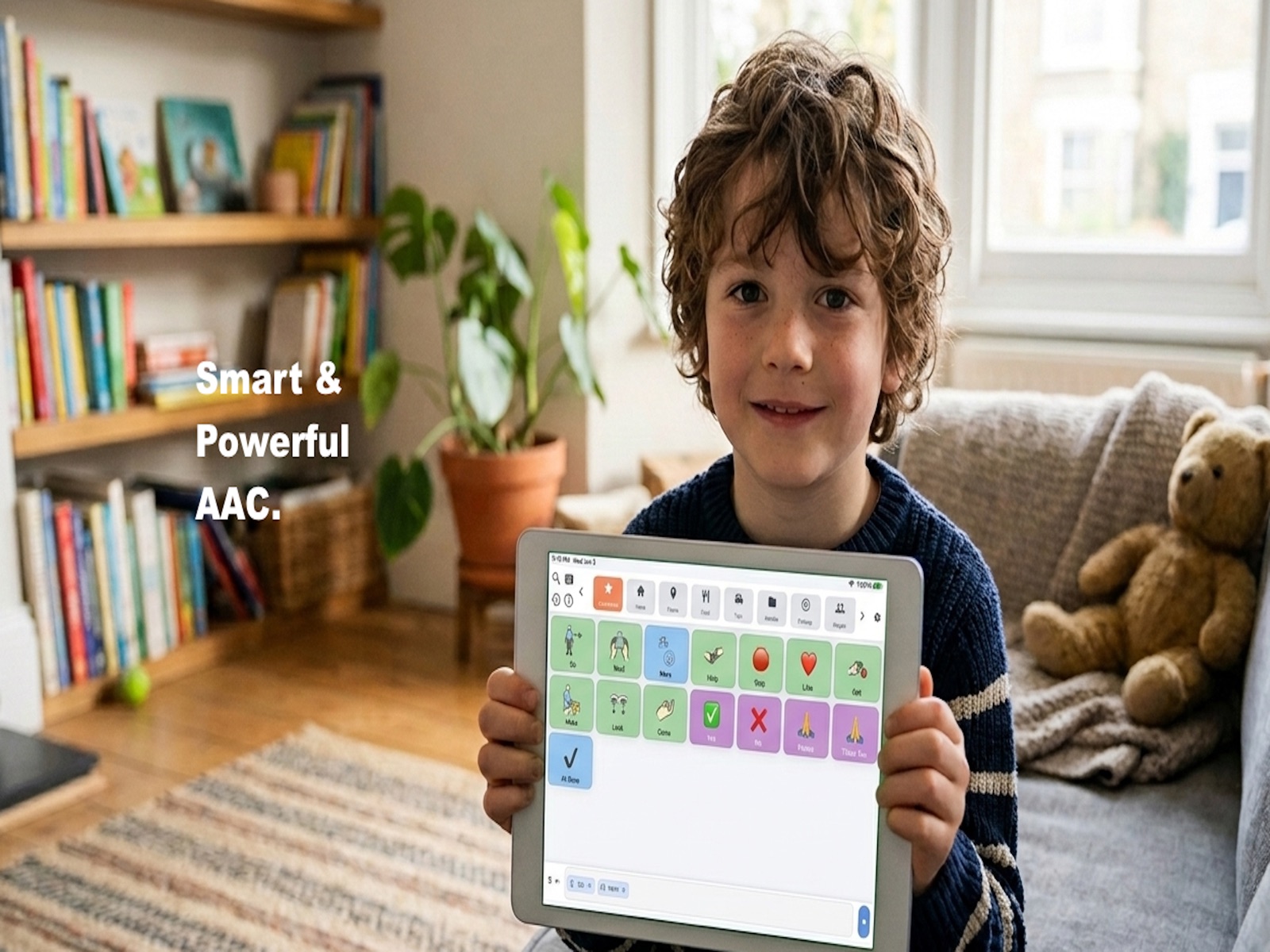 A child using the Verbo Speak AAC app on an iPad at home